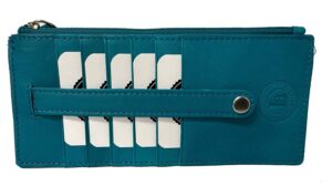 leatherboss genuine leather women's all in one credit business card case holder slim zipper wallet with a card protection strap, teal blue