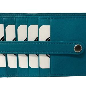 Leatherboss Genuine Leather Women's All in One Credit Business Card Case Holder Slim Zipper Wallet With a Card Protection Strap, Teal Blue