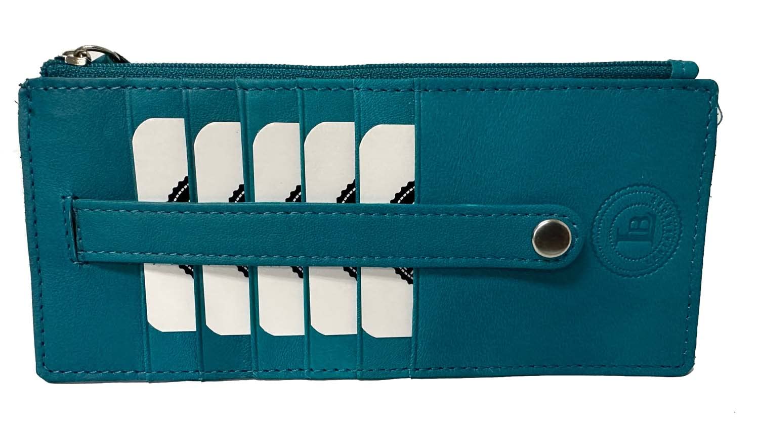 Leatherboss Genuine Leather Women's All in One Credit Business Card Case Holder Slim Zipper Wallet With a Card Protection Strap, Teal Blue