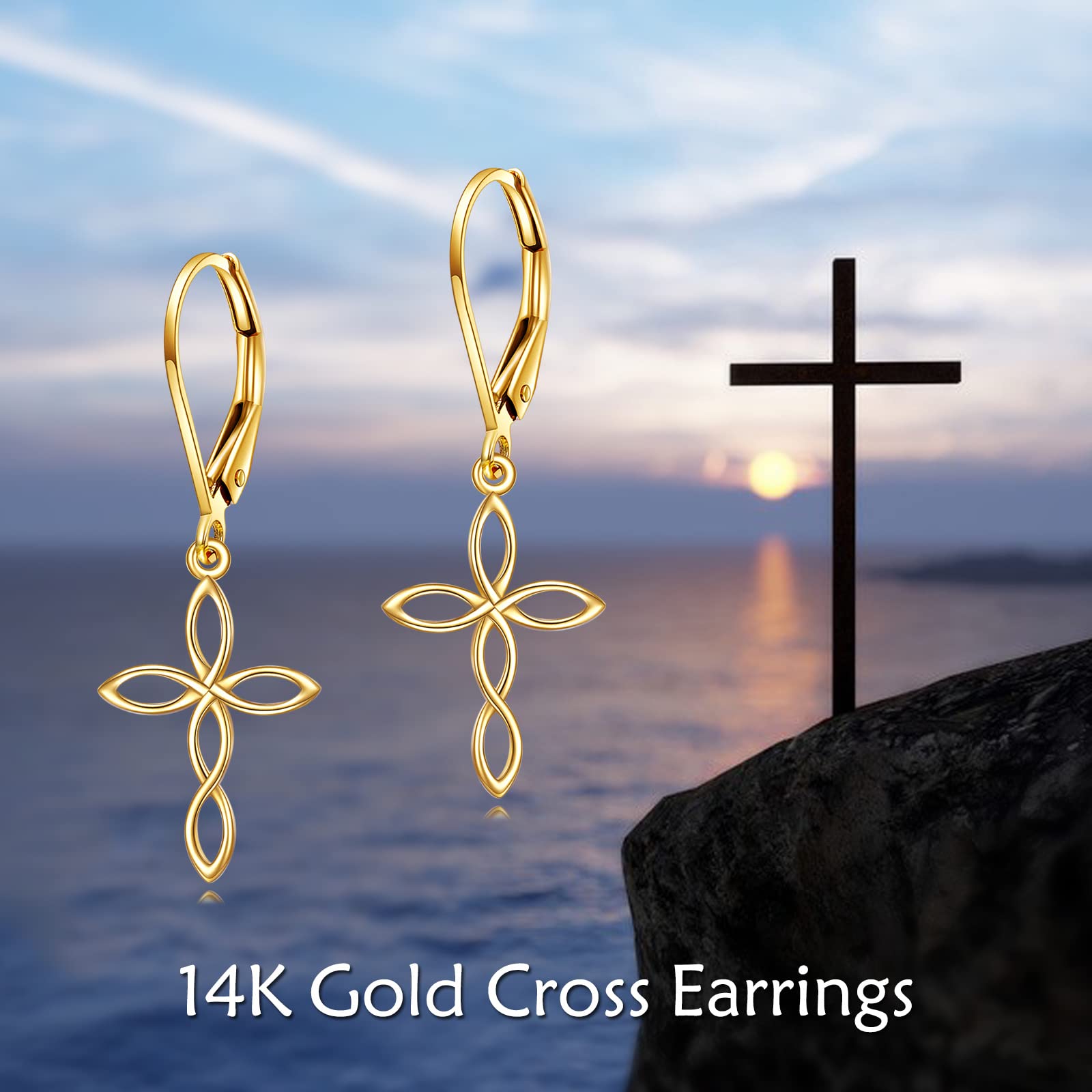 DOVRAN 14K Solid Yellow Gold Cross Dangle Earrings for Women Gold Celtic Cross Leverback Earrings Gold Jewelry Gift Birthday