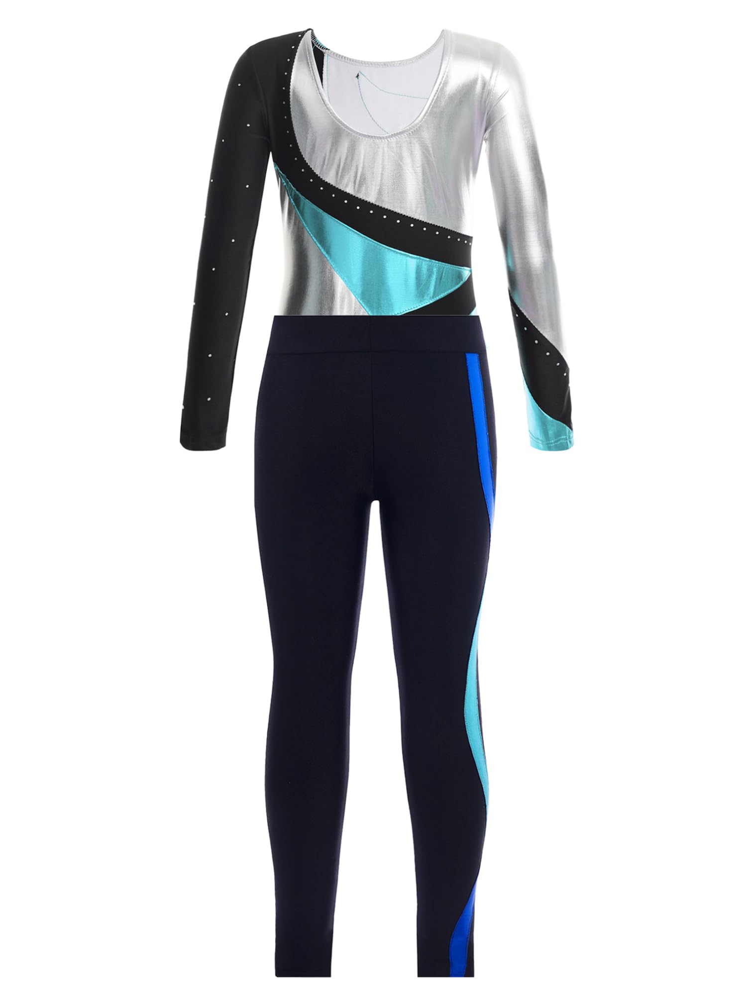 JEATHA Kids Girls Skating Dance Outfits Long Sleeve Gymnastics Leotard with Yoga Leggings Pants Set Activewear Blue A 12 Years