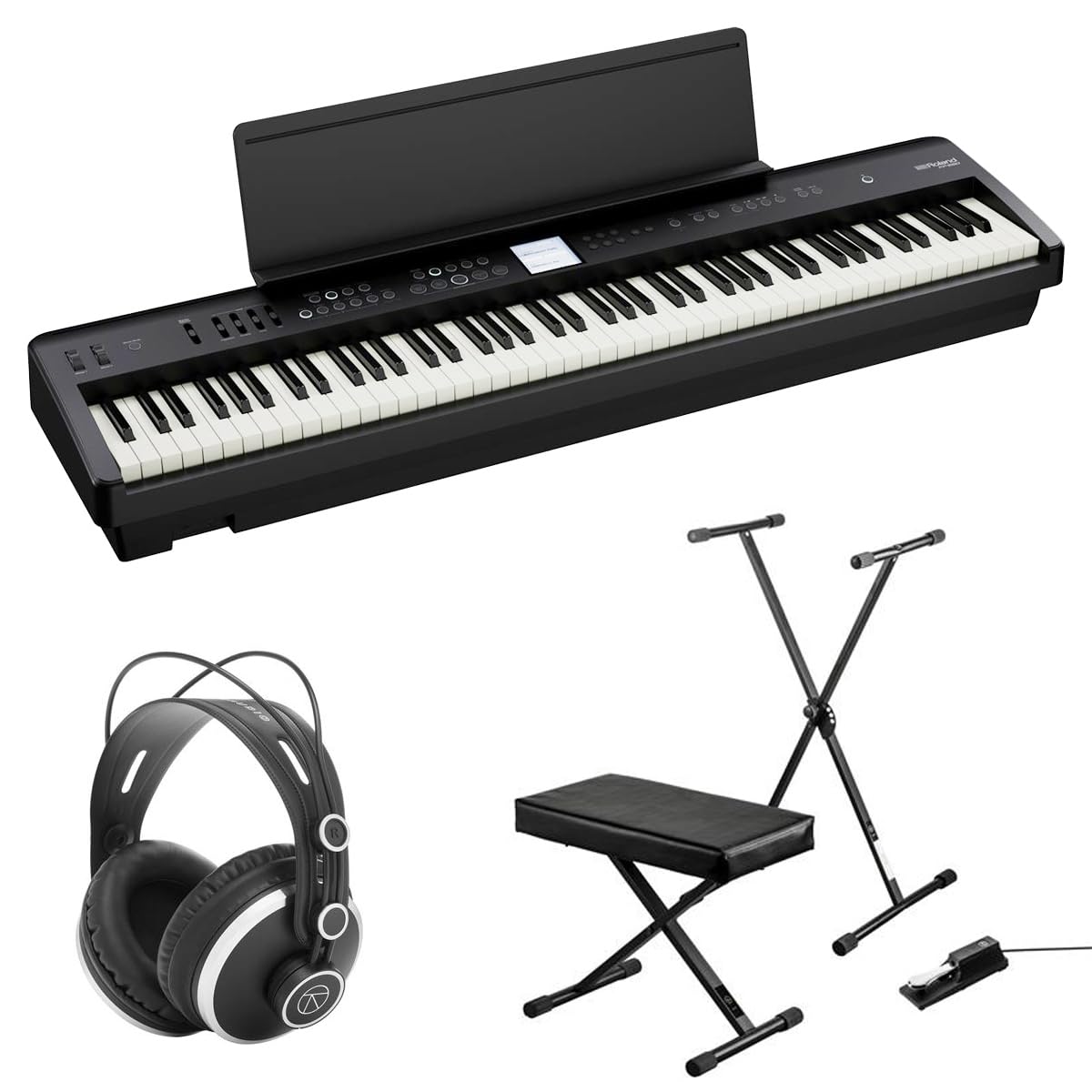 Roland FP-E50 88-Key SuperNATURAL Digital Piano Bundle with Keyboard Stand Bench with Sustain Pedal, Monitoring Headphones