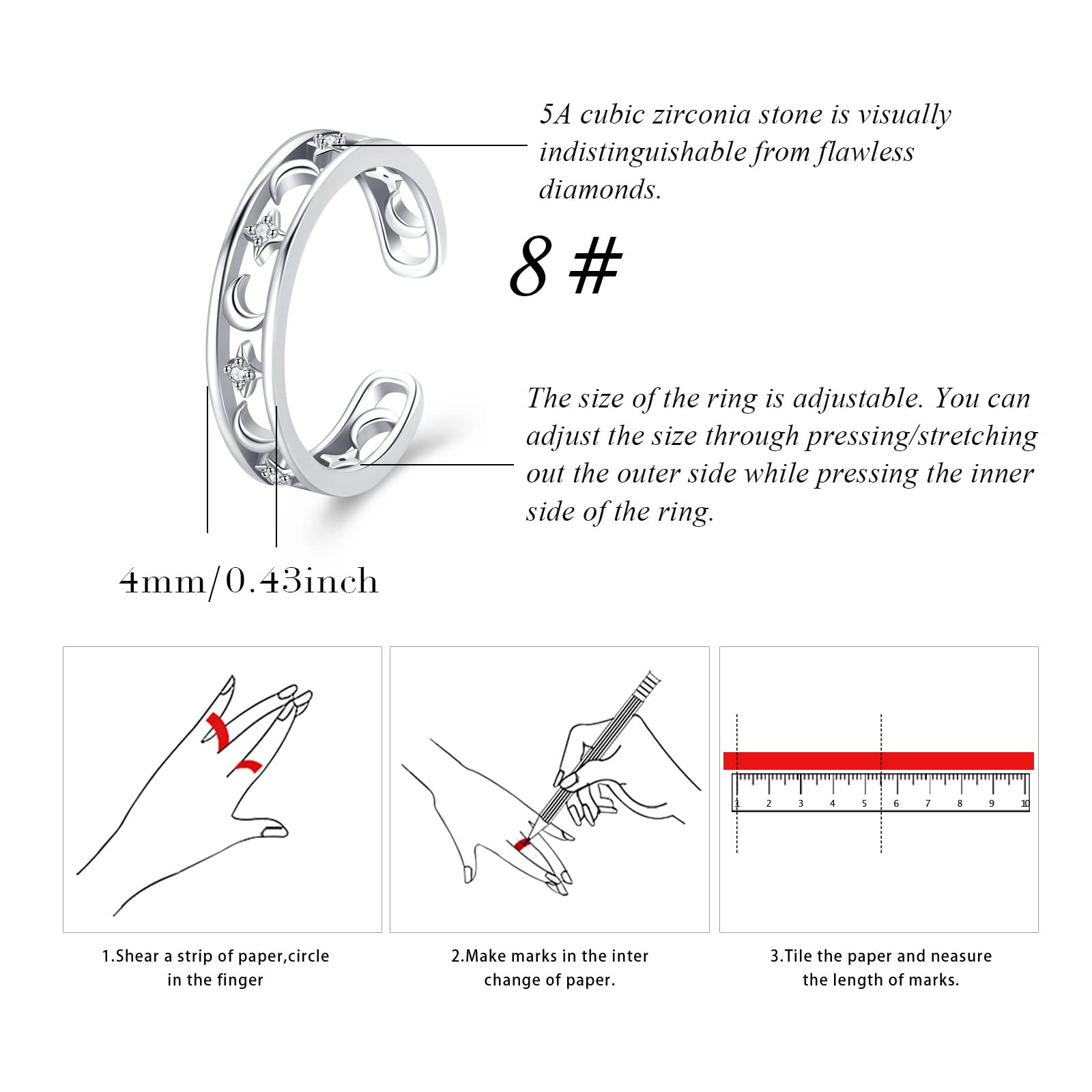 TUGHRA Moon Star Rings Dainty CZ Ring Gift for Her 925 Sterling Silver Open Adjustable Statement Rings Jewelry Gift for Women Teen Wife Birthday Present 8#