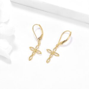 DOVRAN 14K Solid Yellow Gold Cross Dangle Earrings for Women Gold Celtic Cross Leverback Earrings Gold Jewelry Gift Birthday