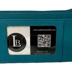 Leatherboss Genuine Leather Women's All in One Credit Business Card Case Holder Slim Zipper Wallet With a Card Protection Strap, Teal Blue