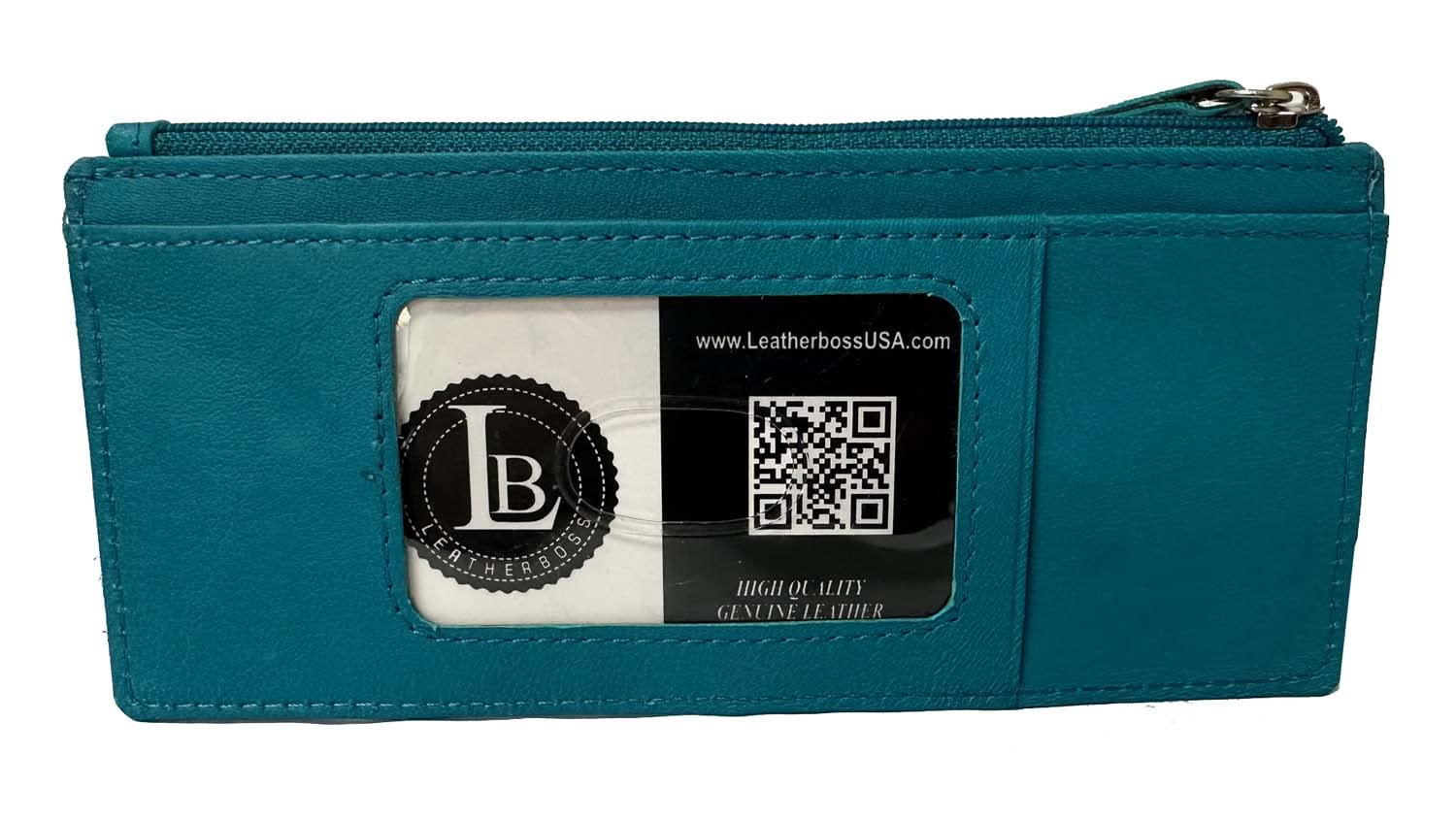 Leatherboss Genuine Leather Women's All in One Credit Business Card Case Holder Slim Zipper Wallet With a Card Protection Strap, Teal Blue