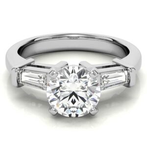 FACETS JEWELS 3.30 Carats D Color Round Cut and baguette Cut Three Stone VVS1 Moissanite Diamond Engagement and wedding Ring for women in - Solid 10k White Gold 7