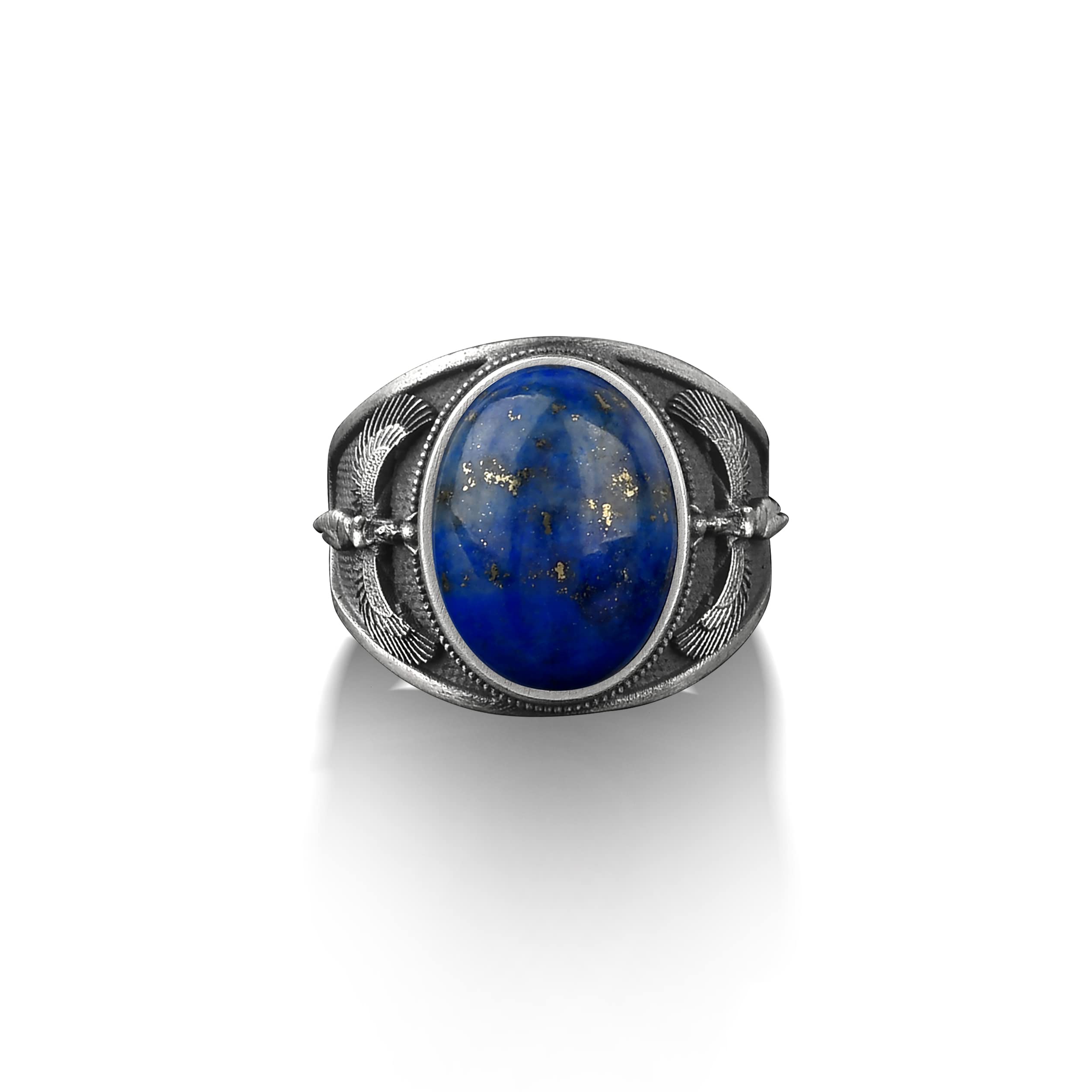 BySilverStone Jewelry Isis The Egyptian Goddess of The Moon with Wings, Lapis Lazuli Oval Gemstone Signet Ring, Ancient Egyptian Divinity Mythology, Unique Design