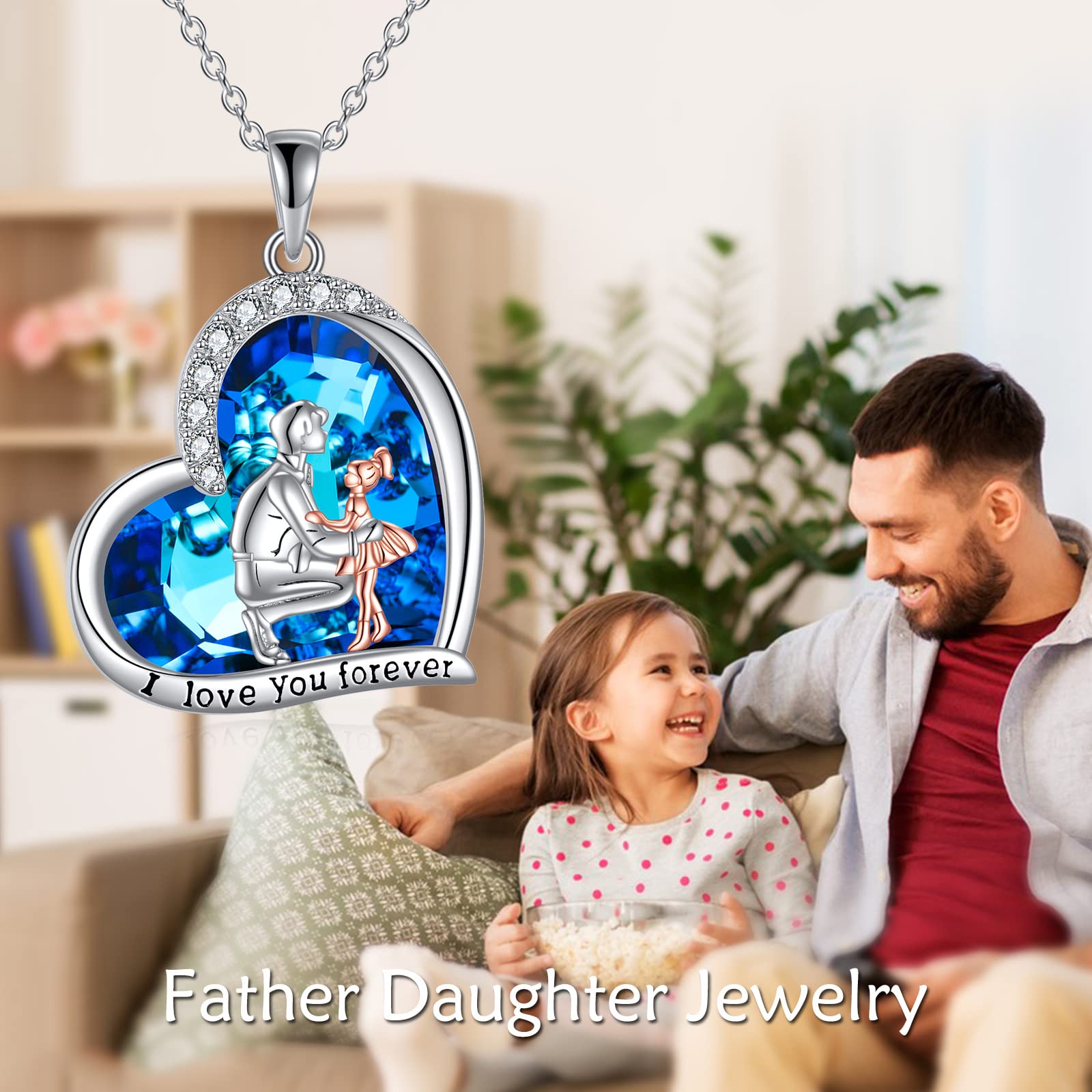 WINNICACA Daughter Necklace from Dad Sterling Silver Faghter Daughter Pendant Necklace with Heart Blue Crystal Birthday Anniversary Christmas Jewelry Gifts for Women Daughter