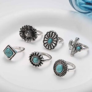 JOERICA 75 Pcs Vintage Turquoise Rings for Women Silver Knuckle Rings Bohemian Oval Gemstone Rings Western Rings Stackable Joint Finger Rings Midi Stacking Rings Set