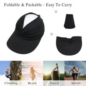 Mukeyo Womens Sun Visor Hats Wide Brim UV Protection Summer Visors Packable Ponytail Beach Cap for Sport Travel Black