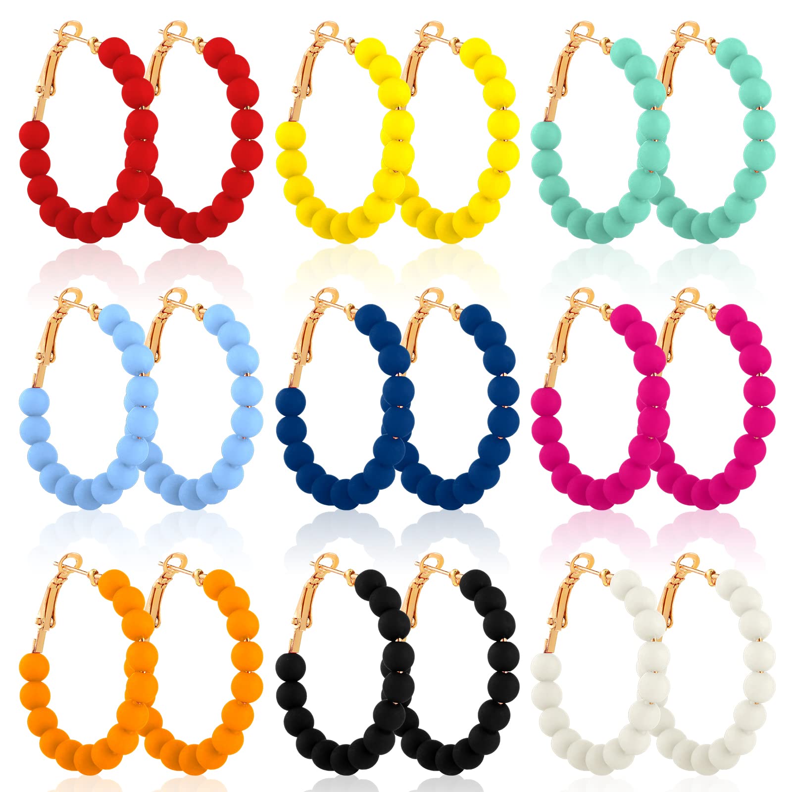 Bonuci 9 Pairs Beaded Hoop Earrings for Women Bohemian Bead Earrings Mixed Color Dangle Earrings (Bright Colors,Acrylic)