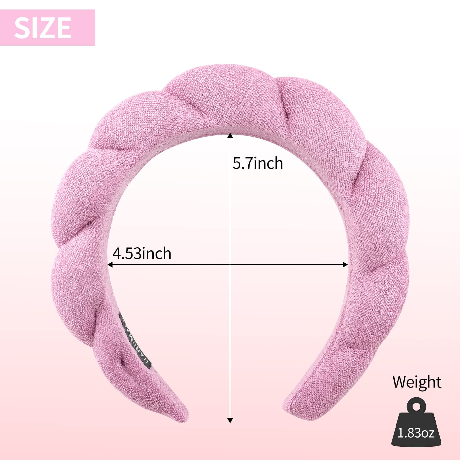 Newvenper Puffy Spa Headband for Women Non Slip Headband for Washing Face, Makeup Removal, Shower, Facial Mask Sponge and Terry Towel Cloth Fabric Hair Band Padded Pink