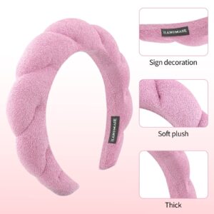 Newvenper Puffy Spa Headband for Women Non Slip Headband for Washing Face, Makeup Removal, Shower, Facial Mask Sponge and Terry Towel Cloth Fabric Hair Band Padded Pink