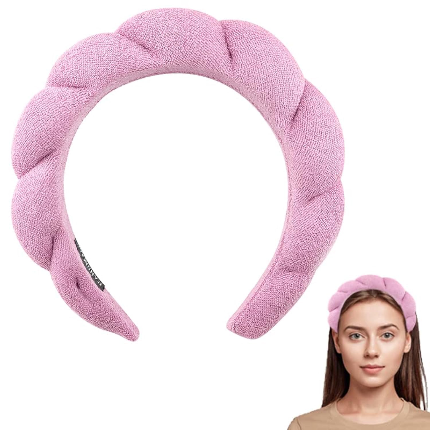 Newvenper Puffy Spa Headband for Women Non Slip Headband for Washing Face, Makeup Removal, Shower, Facial Mask Sponge and Terry Towel Cloth Fabric Hair Band Padded Pink