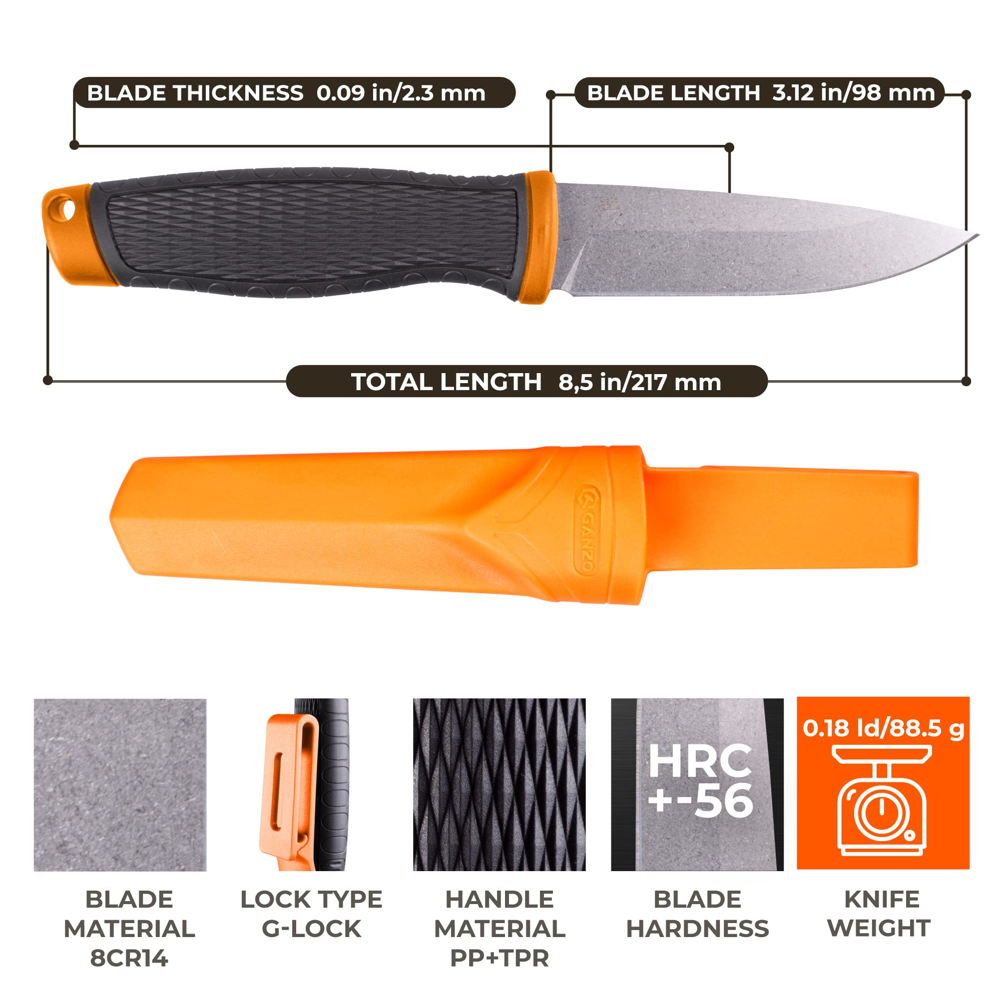 Ganzo G806-OR Fixed Blade Knife 8CR14 Stainless Steel Blade Ergonomic Anti-Slip Handle Camping Hunting Fishing Outdoor EDC Knife with Sheath (Orange)