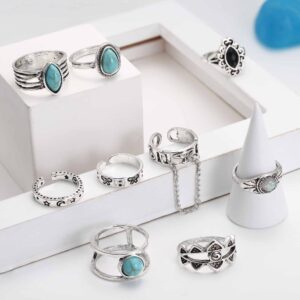 JOERICA 75 Pcs Vintage Turquoise Rings for Women Silver Knuckle Rings Bohemian Oval Gemstone Rings Western Rings Stackable Joint Finger Rings Midi Stacking Rings Set