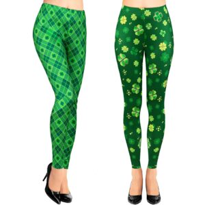 2 pairs st. patrick's day women shamrock leggings irish ankle elastic tights legging high waist womens leggings trendy design workout leggings for girls yoga workout, 2 styles green