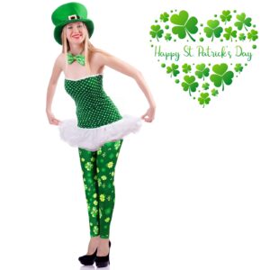 2 Pairs St. Patrick's Day Women Shamrock Leggings Irish Ankle Elastic Tights Legging High Waist Womens Leggings Trendy Design Workout Leggings for Girls Yoga Workout, 2 Styles Green