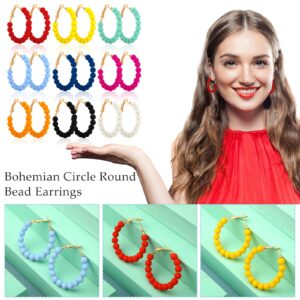 Bonuci 9 Pairs Beaded Hoop Earrings for Women Bohemian Bead Earrings Mixed Color Dangle Earrings (Bright Colors,Acrylic)