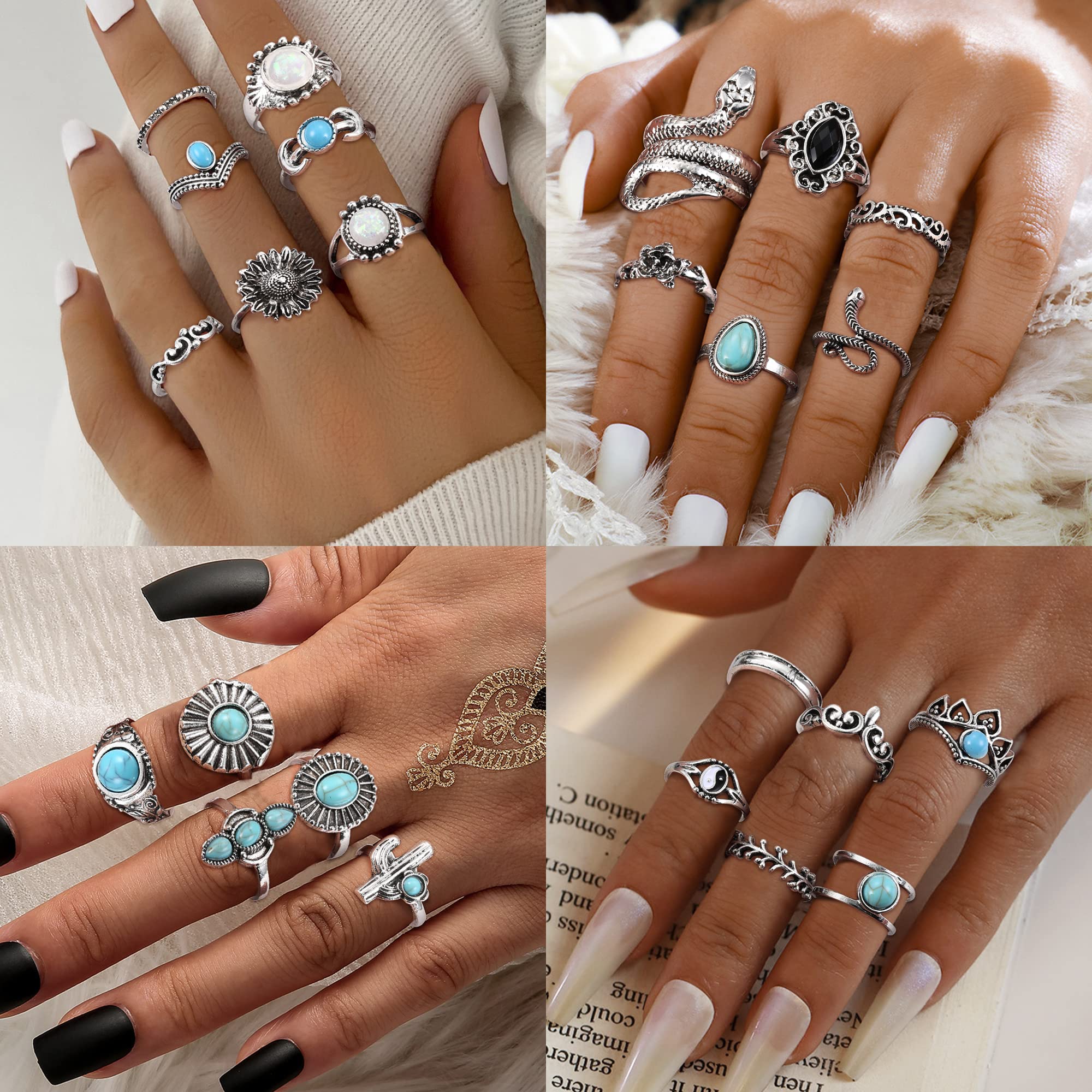 JOERICA 75 Pcs Vintage Turquoise Rings for Women Silver Knuckle Rings Bohemian Oval Gemstone Rings Western Rings Stackable Joint Finger Rings Midi Stacking Rings Set