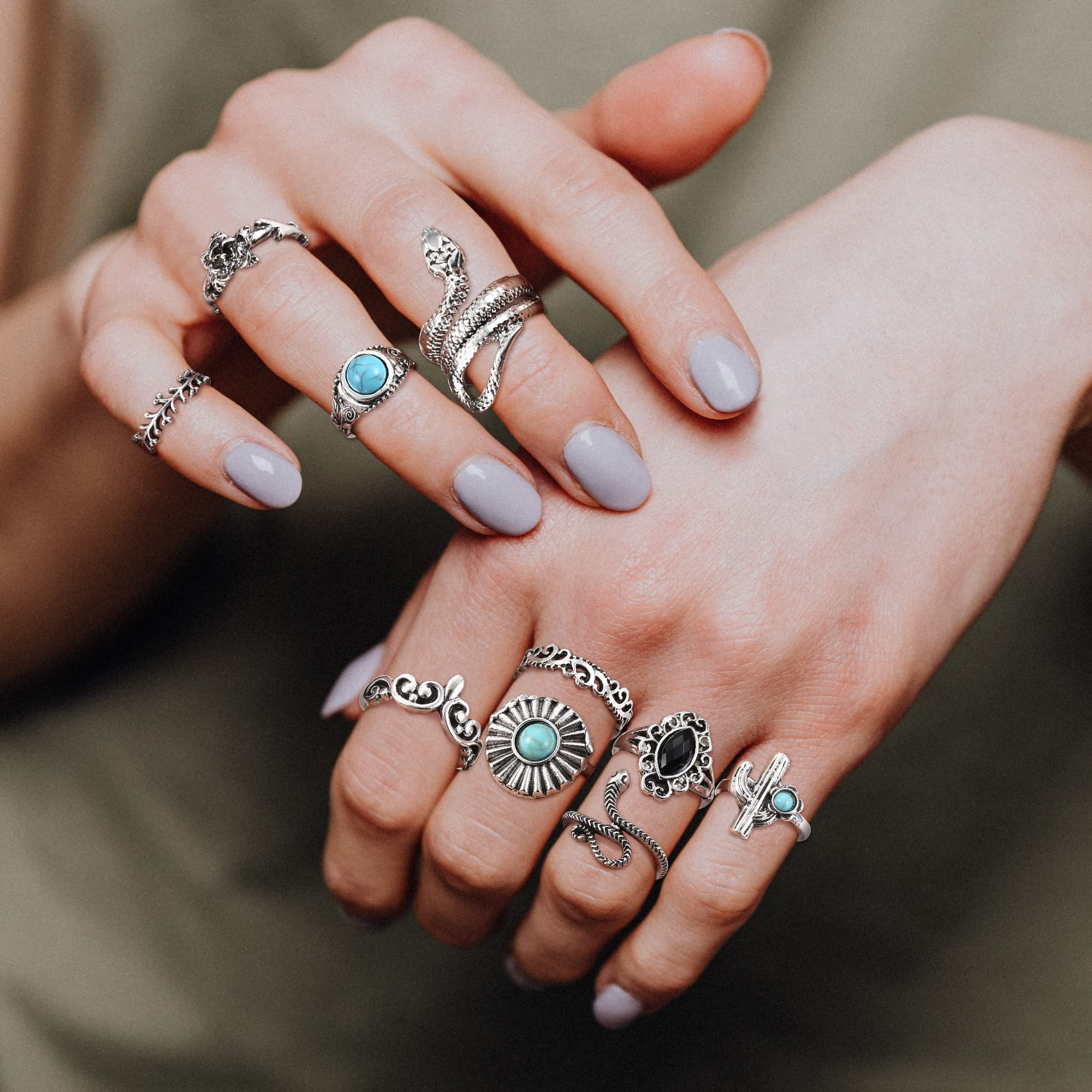 JOERICA 75 Pcs Vintage Turquoise Rings for Women Silver Knuckle Rings Bohemian Oval Gemstone Rings Western Rings Stackable Joint Finger Rings Midi Stacking Rings Set