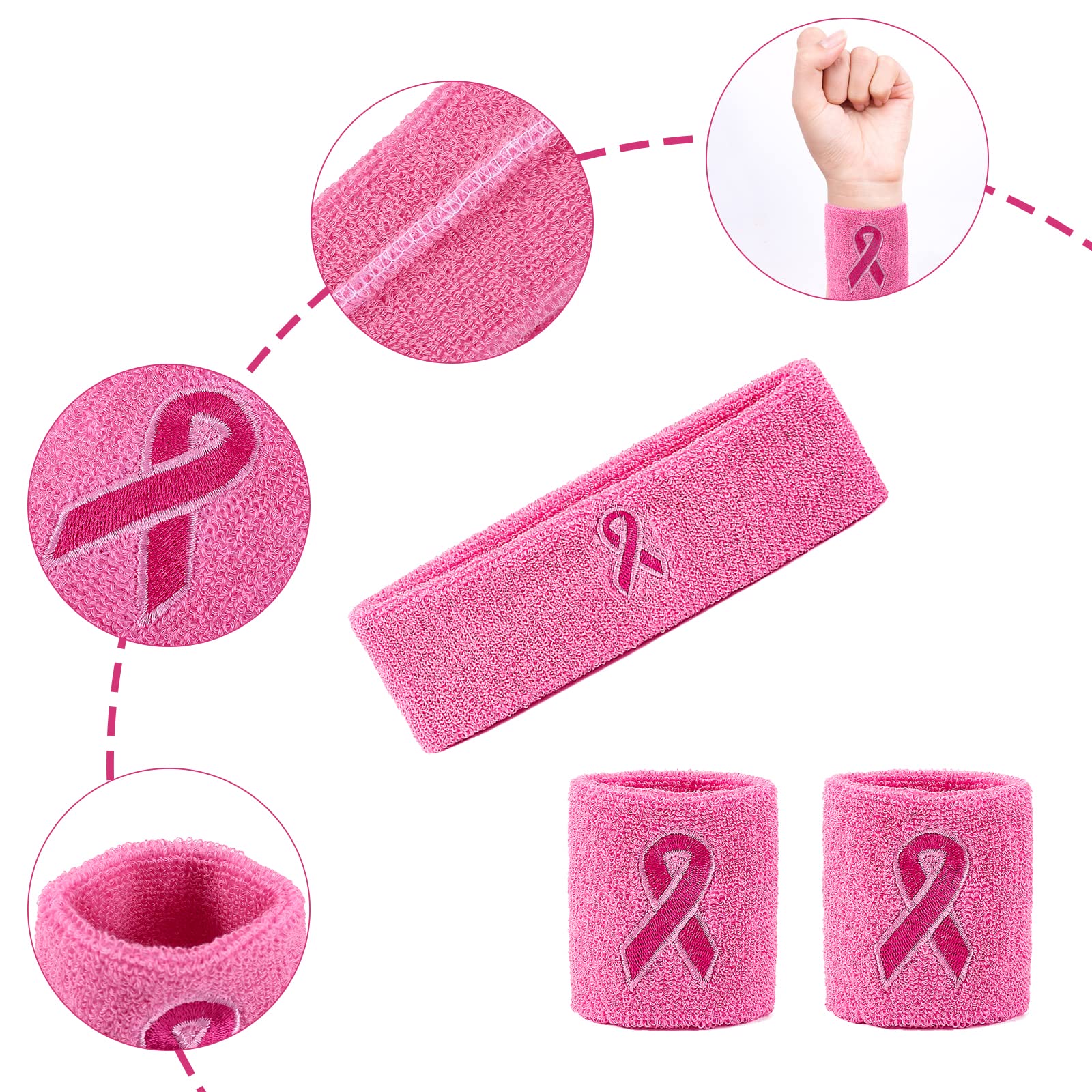 Breast Cancer Awareness Wristbands,Pink Sweatbands Set Includes Sports Headband & Wristband,Pink Headband for Gym Basketball Football Tennis Cycling Fitness Breast Cancer Awareness Mont