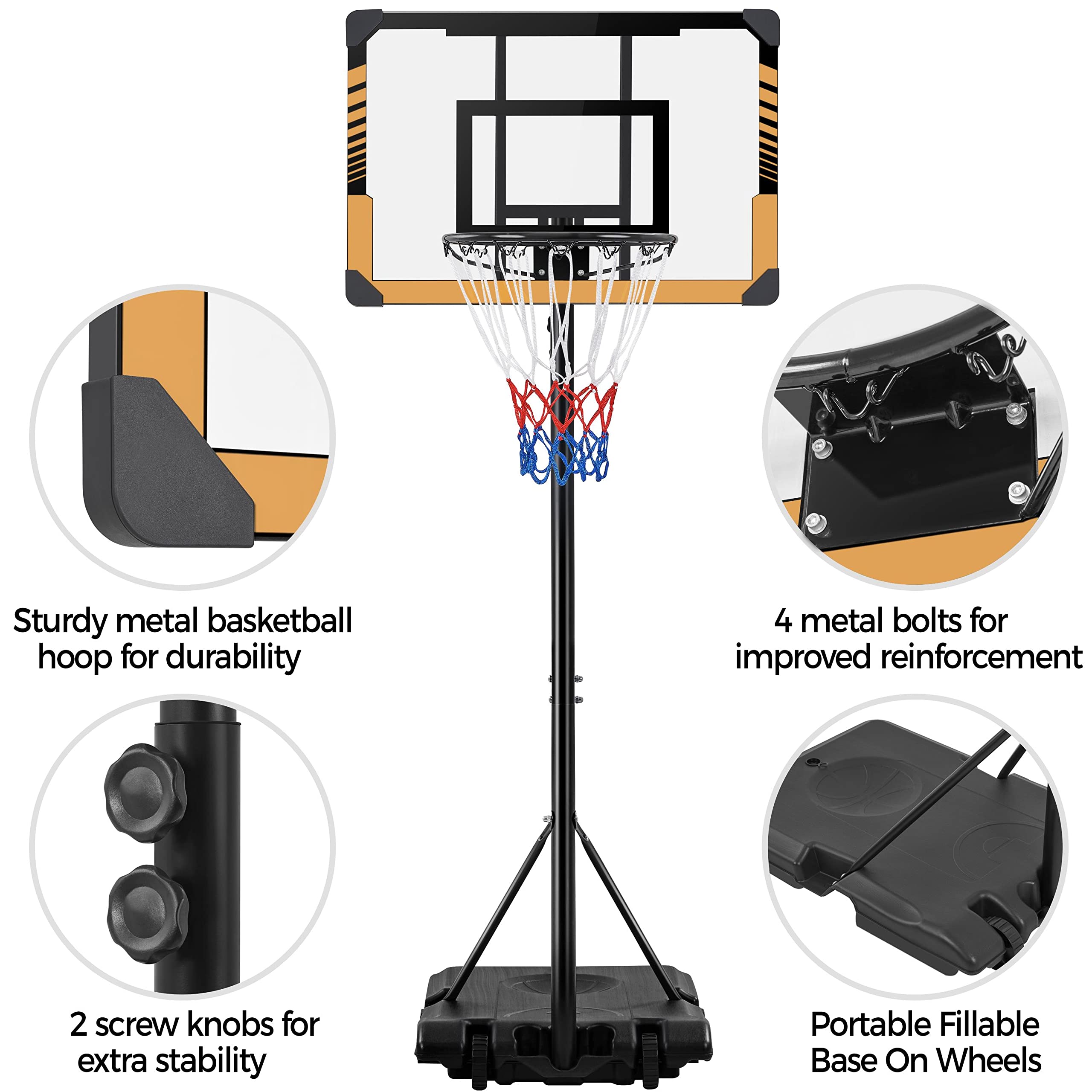 Topeakmart Adjustable Basketball Hoop Net Stand System Portable Basketball Goals Set with 28'' Width PVC Backboard & 2 Wheels for Youth