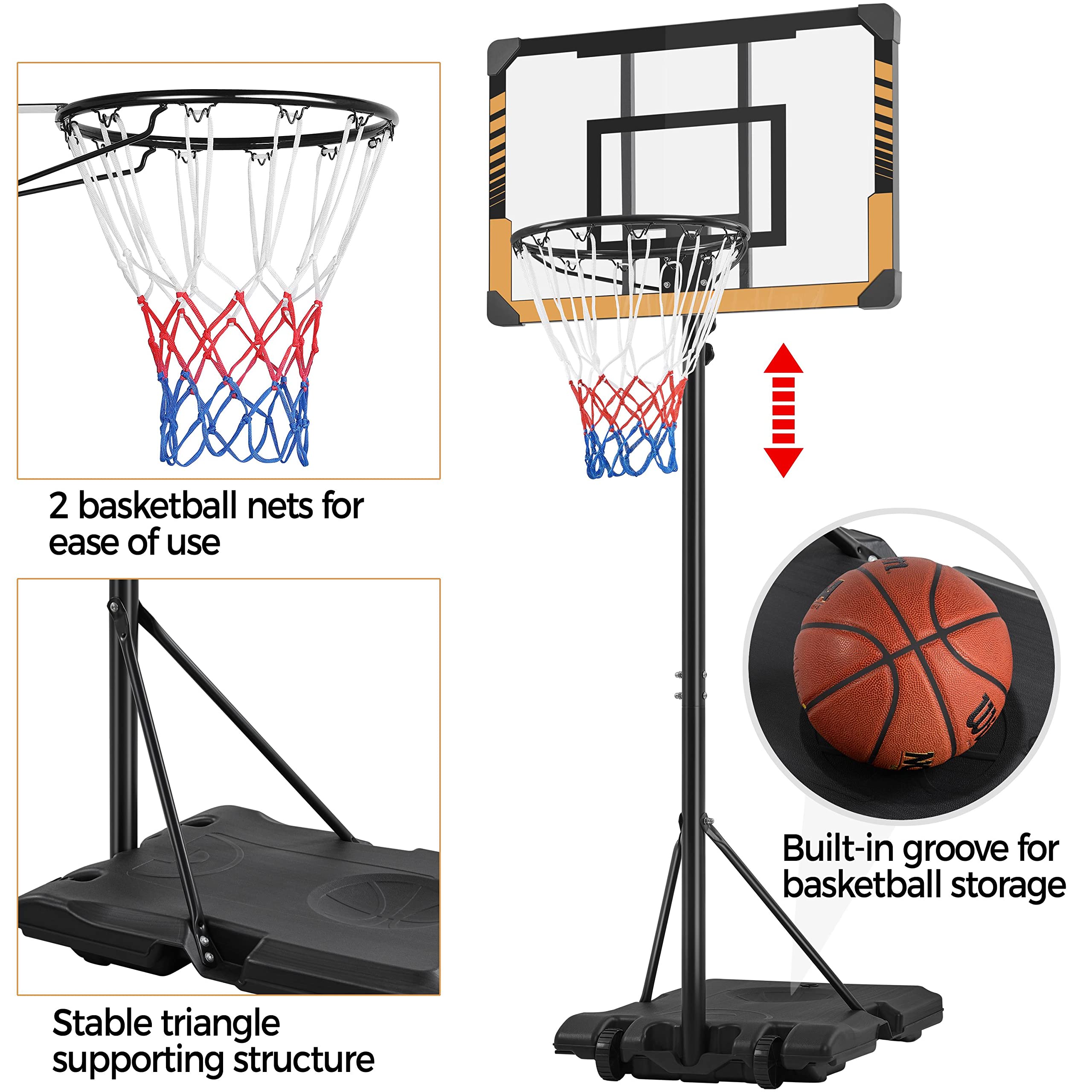 Topeakmart Adjustable Basketball Hoop Net Stand System Portable Basketball Goals Set with 28'' Width PVC Backboard & 2 Wheels for Youth