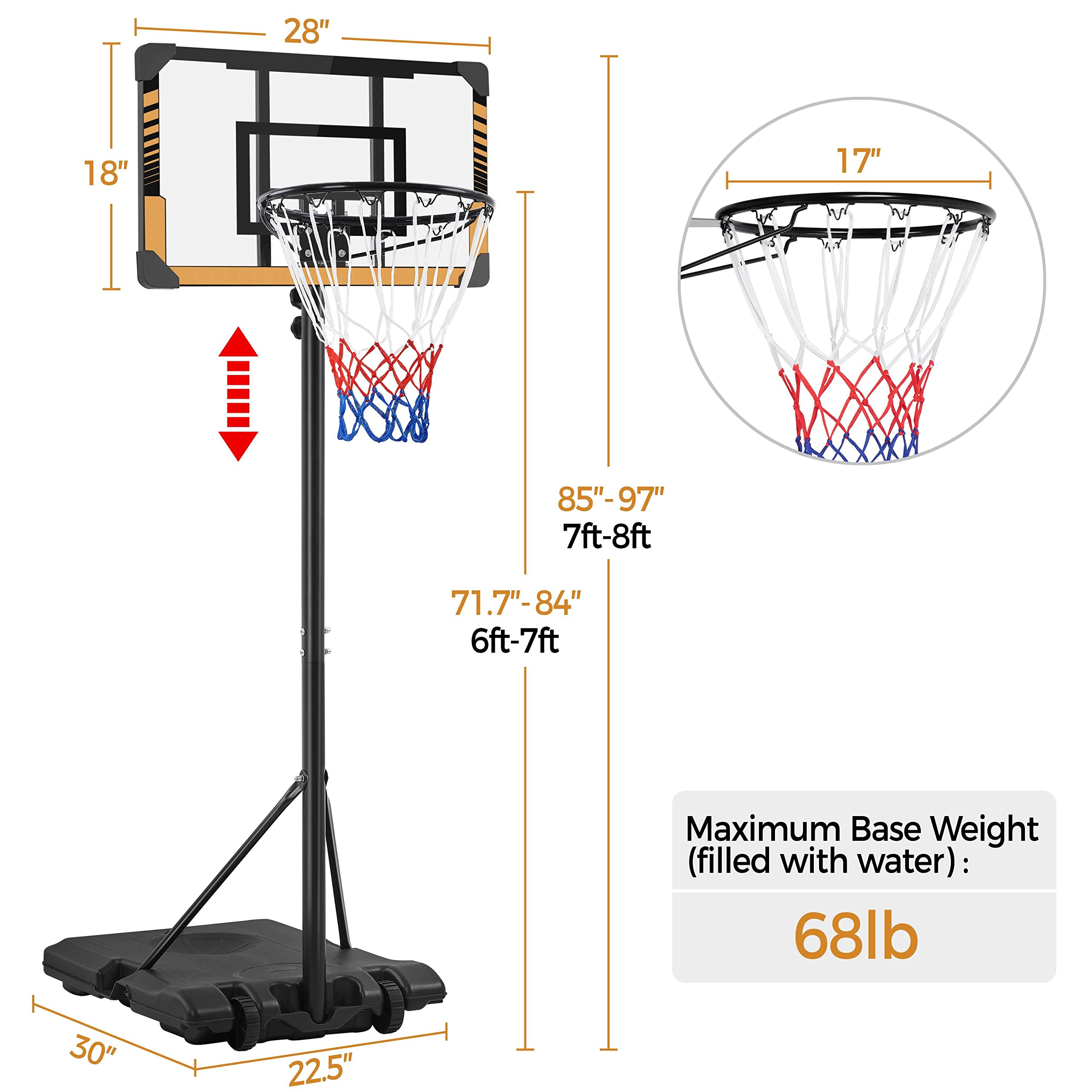 Topeakmart Adjustable Basketball Hoop Net Stand System Portable Basketball Goals Set with 28'' Width PVC Backboard & 2 Wheels for Youth