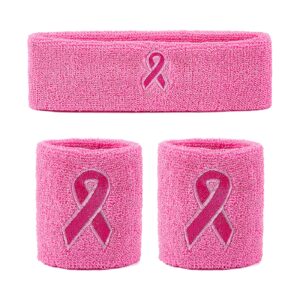 breast cancer awareness wristbands,pink sweatbands set includes sports headband & wristband,pink headband for gym basketball football tennis cycling fitness breast cancer awareness mont