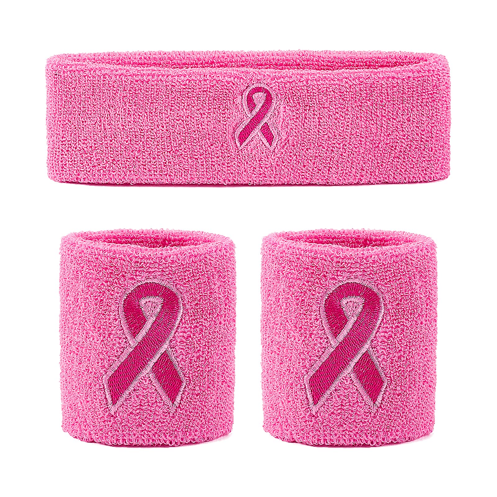 Breast Cancer Awareness Wristbands,Pink Sweatbands Set Includes Sports Headband & Wristband,Pink Headband for Gym Basketball Football Tennis Cycling Fitness Breast Cancer Awareness Mont