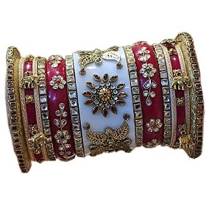 Alfatex Rajwadi Indian Red & White Suhag Chura Punjabi Style Hanging Metal Elephant Figure Bangles Set Pakistani Party Wear Eid Chuda Chooda Patla (Red & White, 2.6 Inches)