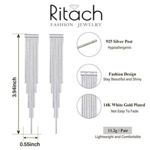 Ritach 925 Silver Tassel Earrings for Women Hypoallergenic Long Chain Dangle Statement Earrings for Prom Wedding