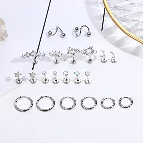 ZELORES 20G Cartilage Earrings Set For Women Men Stainless Steel Small Huggie Hoop Earring Flatback Star Moon Butterfly CZ Cartilage Stud Earrings Chain Dangle Cartilage Helix Tragus Piercing Jewelry,