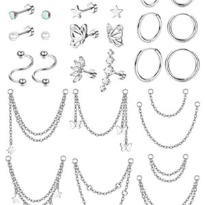 ZELORES 20G Cartilage Earrings Set For Women Men Stainless Steel Small Huggie Hoop Earring Flatback Star Moon Butterfly CZ Cartilage Stud Earrings Chain Dangle Cartilage Helix Tragus Piercing Jewelry,