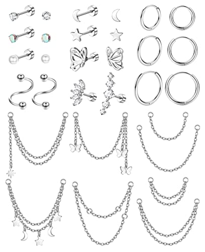 ZELORES 20G Cartilage Earrings Set For Women Men Stainless Steel Small Huggie Hoop Earring Flatback Star Moon Butterfly CZ Cartilage Stud Earrings Chain Dangle Cartilage Helix Tragus Piercing Jewelry,