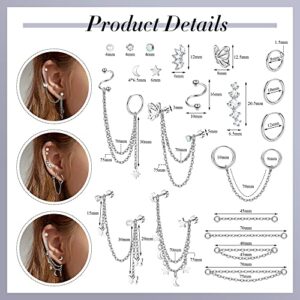 ZELORES 20G Cartilage Earrings Set For Women Men Stainless Steel Small Huggie Hoop Earring Flatback Star Moon Butterfly CZ Cartilage Stud Earrings Chain Dangle Cartilage Helix Tragus Piercing Jewelry,