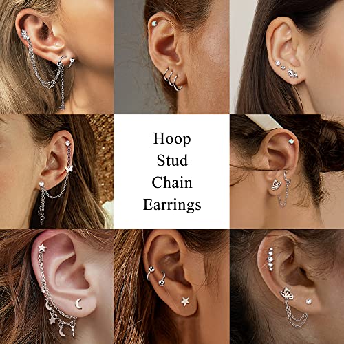 ZELORES 20G Cartilage Earrings Set For Women Men Stainless Steel Small Huggie Hoop Earring Flatback Star Moon Butterfly CZ Cartilage Stud Earrings Chain Dangle Cartilage Helix Tragus Piercing Jewelry,