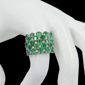 Natural Green Zambian Emerald 4X3 MM Oval Cut 925 Sterling Silver May Birthstone Cluster Unisex Proposal Ring For Engagement Gift (Rhodium Plated Silver, 6.5)