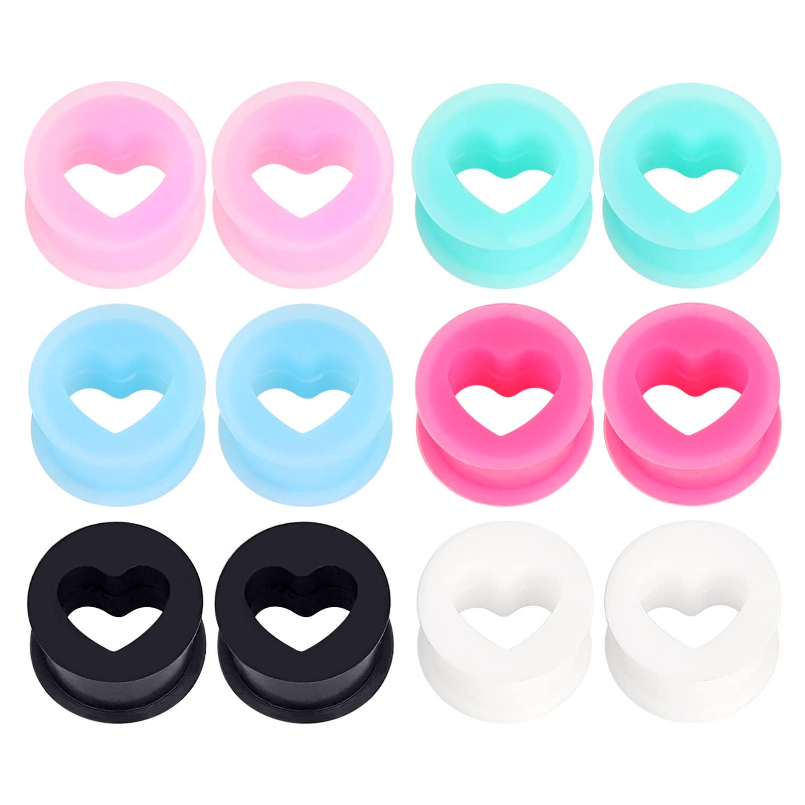 YOFANST 12pcs Soft Flexible Colorful Silicone Ear Tunnels Hollow Heart Piercing Gauges 12mm