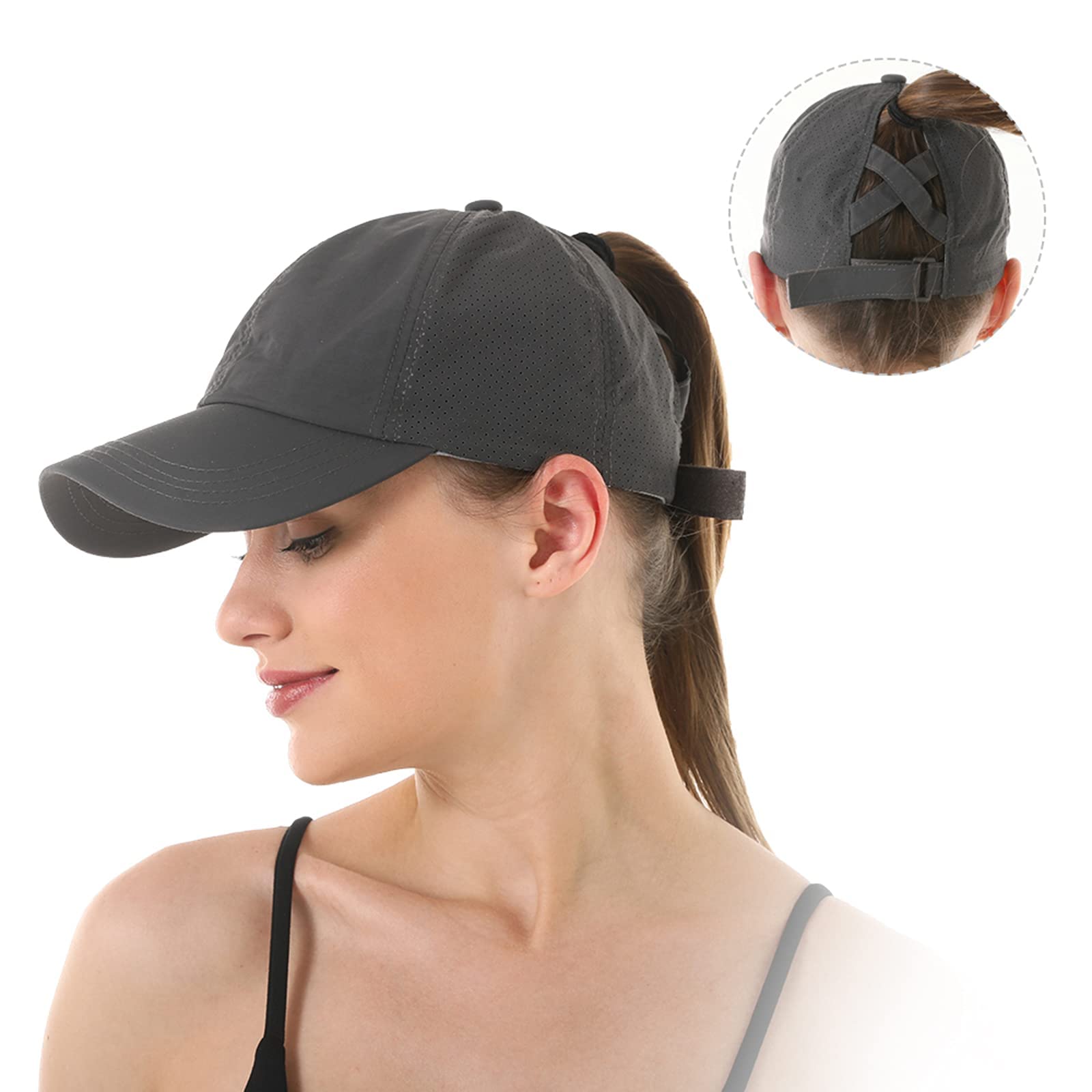 Koreshion Womens Criss Cross Ponytail Baseball Cap Adjustable High Messy Bun Ponycap Quick Drying Mesh Trucker Hats for Outdoor Sports Travel Dark Grey