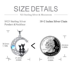 VONALA Celtic Moon Cat Necklace for Women Sterling Silver 2 Black Cat Jewelry Women Two Cat Necklace for Cat Lovers