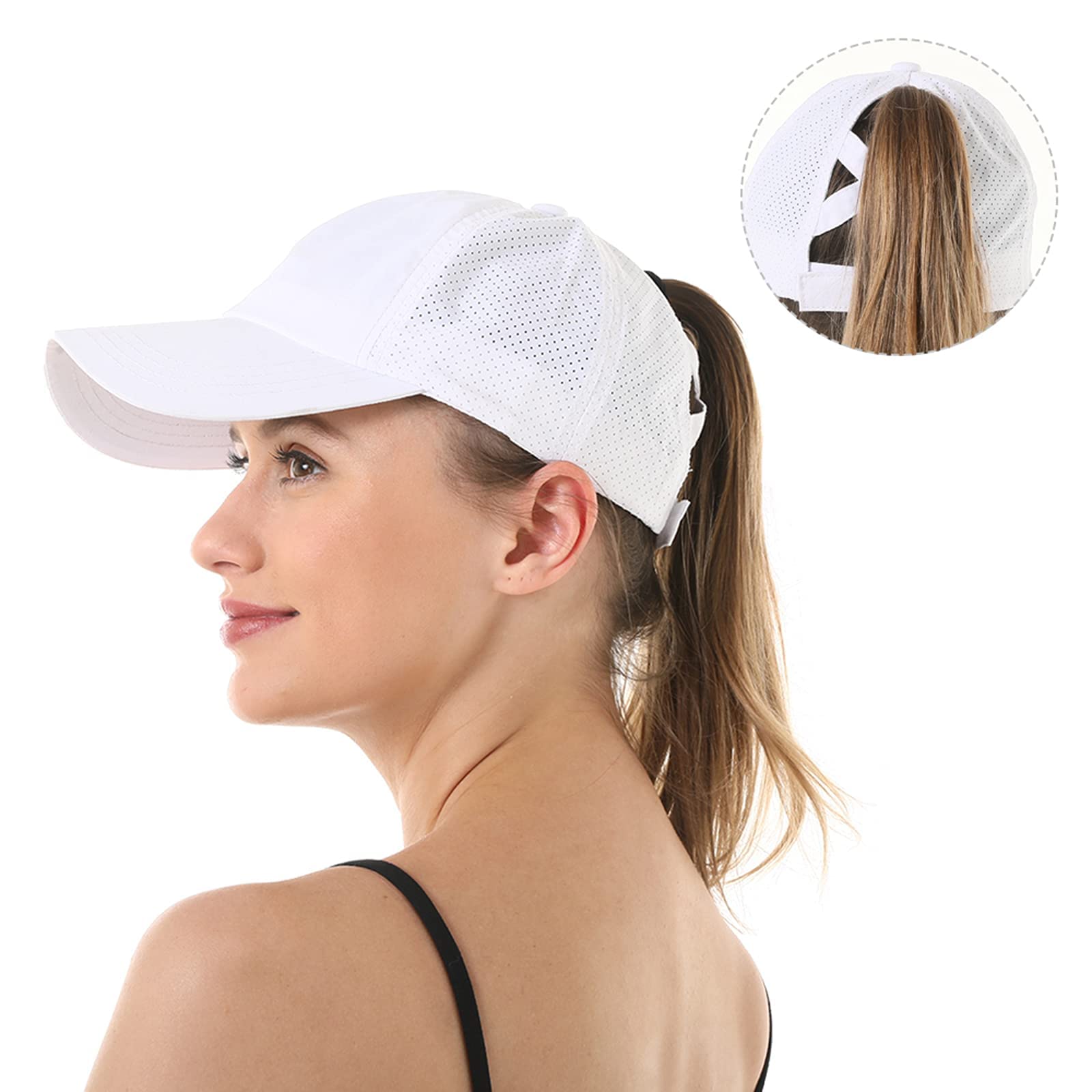 Koreshion Womens Criss Cross Ponytail Baseball Cap Adjustable High Messy Bun Ponycap Quick Drying Mesh Trucker Hats for Outdoor Sports Travel White