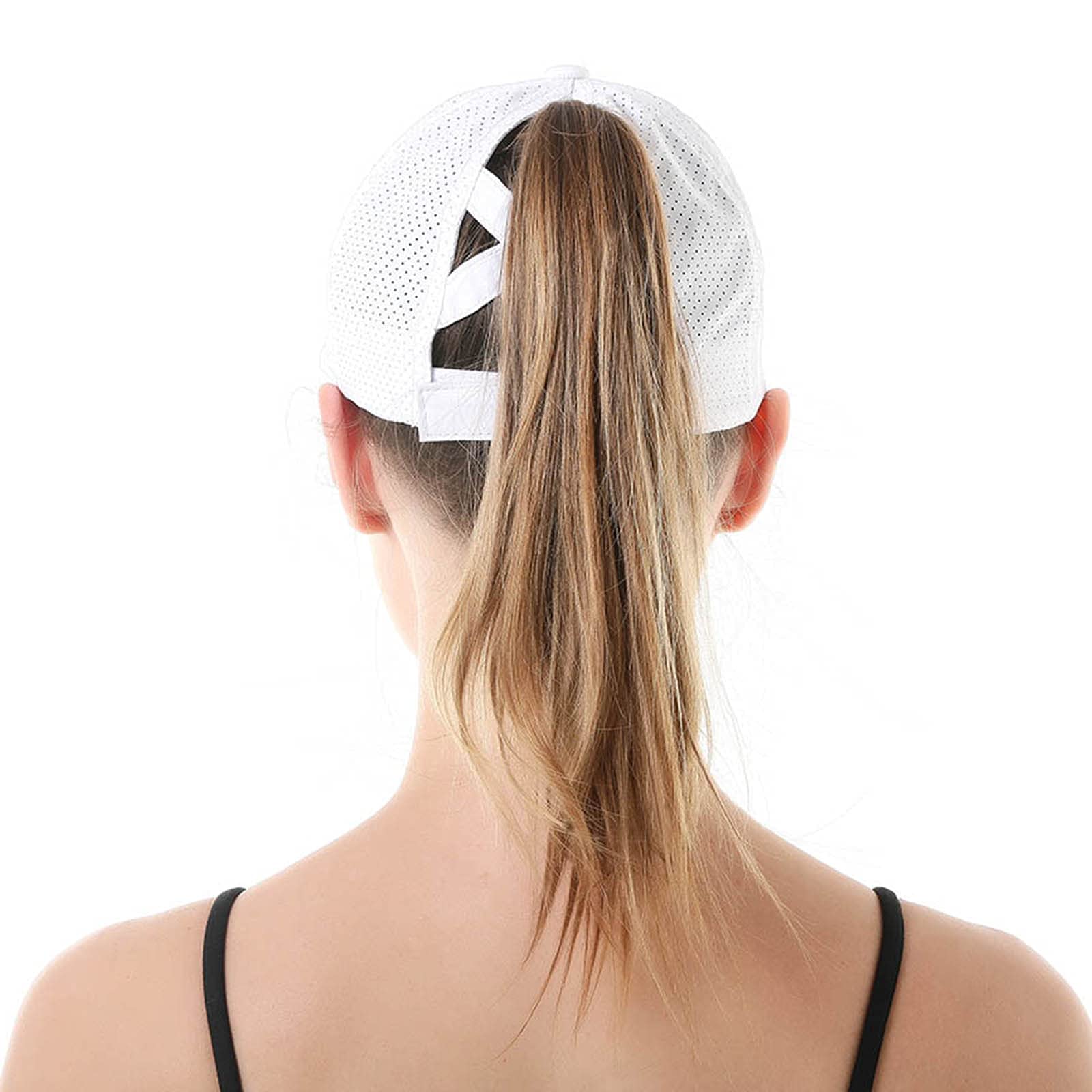 Koreshion Womens Criss Cross Ponytail Baseball Cap Adjustable High Messy Bun Ponycap Quick Drying Mesh Trucker Hats for Outdoor Sports Travel White