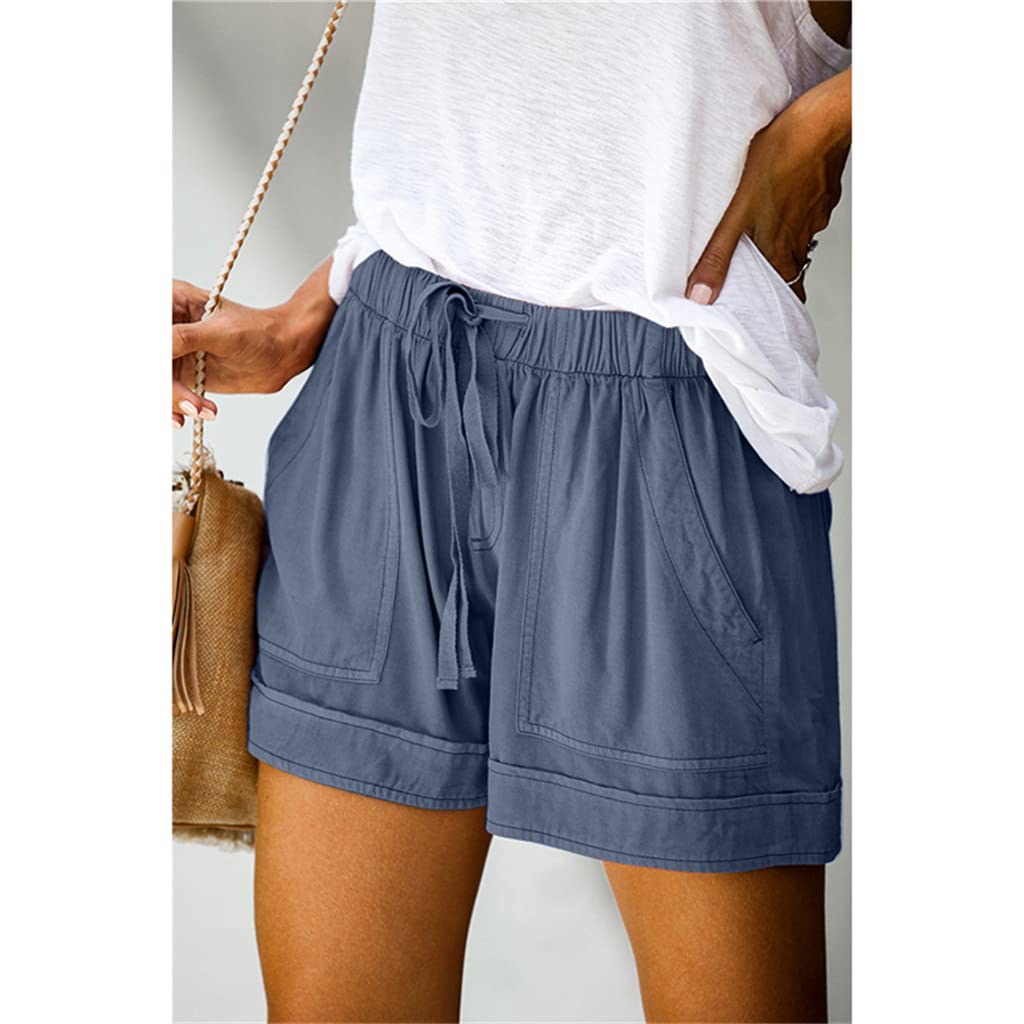 Vliolat Womens Shorts for Summer Flowy Casual Dressy Comfy Drawstring Elastic High Waist Beach Shorts Pocketed Lounge Pants Lake Blue