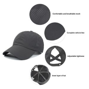 Koreshion Womens Criss Cross Ponytail Baseball Cap Adjustable High Messy Bun Ponycap Quick Drying Mesh Trucker Hats for Outdoor Sports Travel Black