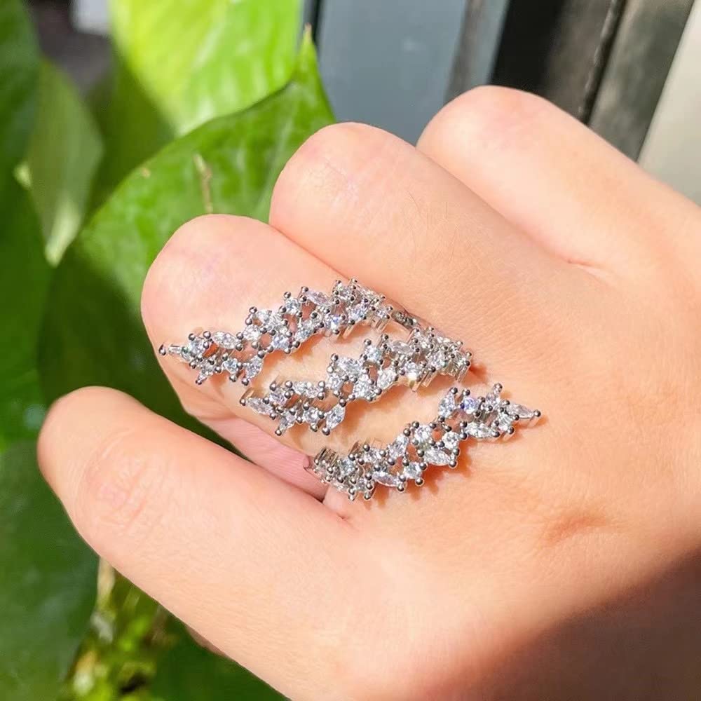 Rhinestone Leaf Climber Wrap Finger Band for Women Girls CZ Crystal Elegant Flower Open Layered Statement Rings Promise Engagement Rings Wedding Bands Jewelry Gifts