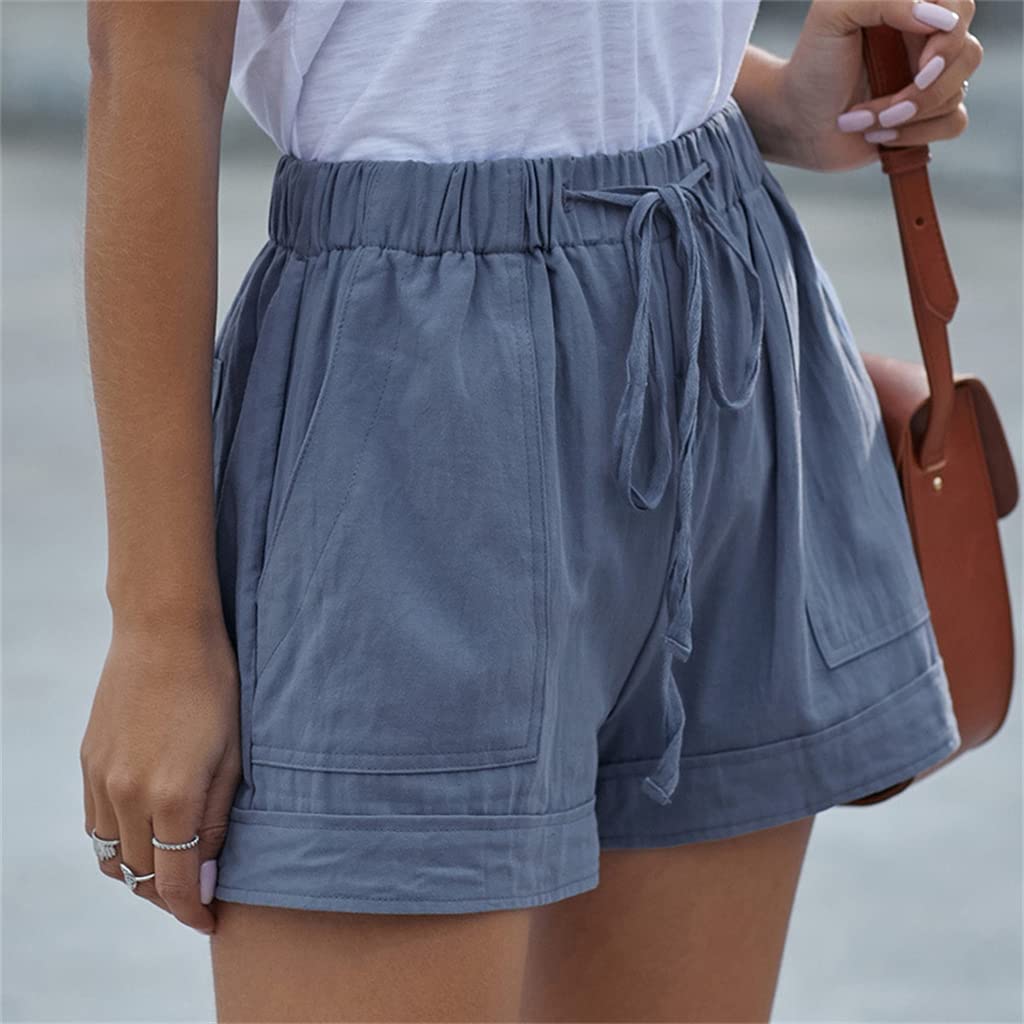 Vliolat Womens Shorts for Summer Flowy Casual Dressy Comfy Drawstring Elastic High Waist Beach Shorts Pocketed Lounge Pants Lake Blue