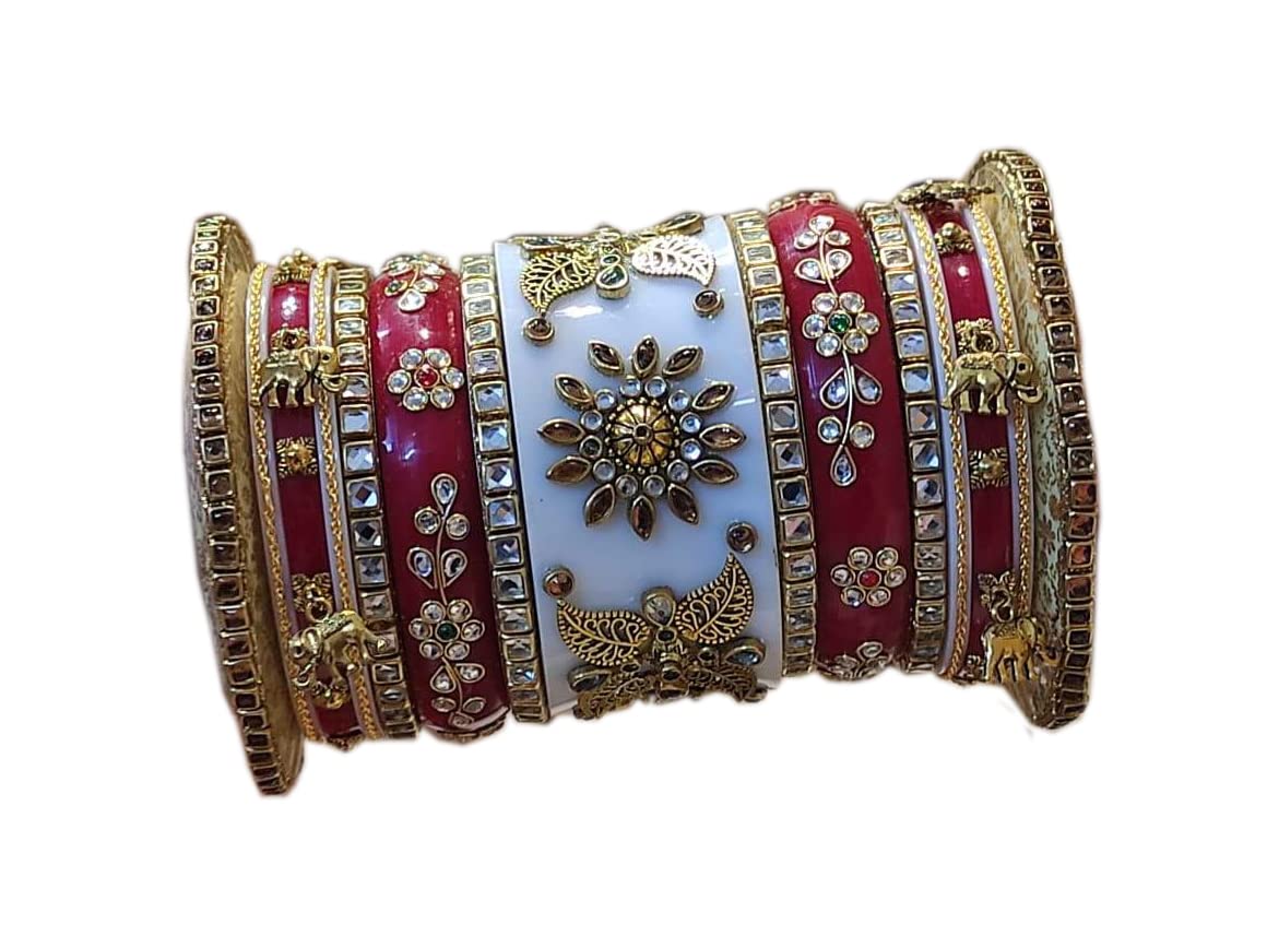 Alfatex Rajwadi Indian Red & White Suhag Chura Punjabi Style Hanging Metal Elephant Figure Bangles Set Pakistani Party Wear Eid Chuda Chooda Patla (Red & White, 2.6 Inches)